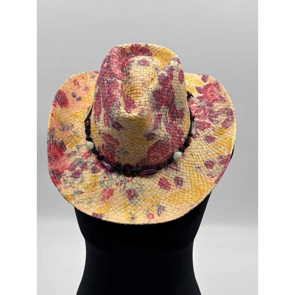 Stone Age Floral Straw Cowboy Hat Pink Yellow Beaded Western SWT-3685